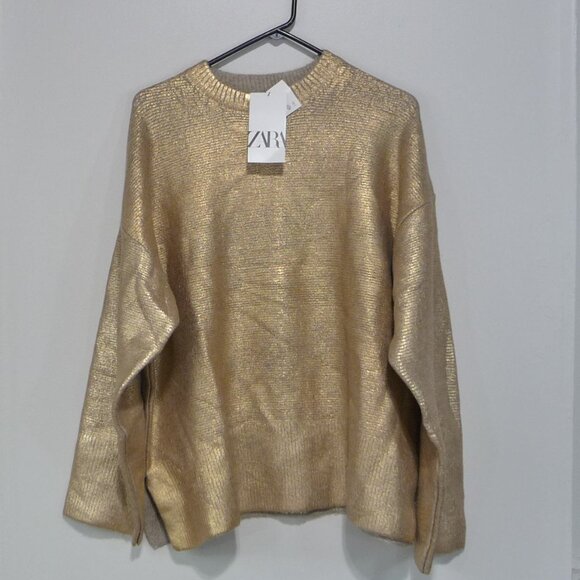 ZARA GOLD METALLIC OVERSIZE SWEATER MEDIUM - Picture 2 of 9